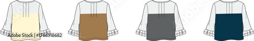 Fashion illustration showcasing four different color variations of a garment, displayed in a row for comparison and selection