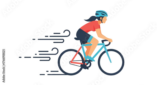 A woman wearing a helmet rides a bicycle with motion lines indicating speed against a clean white background.