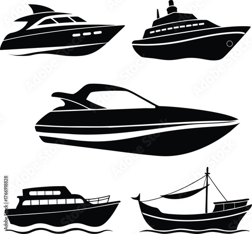 Boat Silhouettes Vector collection Yacht, Ship and Fishing Boat Marine Yacht Silhouettes Vector Set