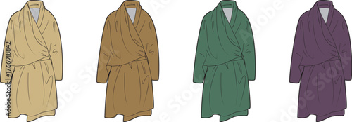 Variety of Overcoat Fashion Illustrations in Yellow, Brown, Green, and Purple