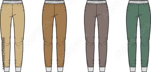 Four Different Colored Jogger Sweatpants, Flat Sketch Illustration of Casual Apparel