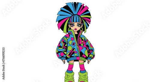 A cartoon girl wearing a vibrant, multicolored jacket and matching hairdo stands against a clean white background with a playful mood.