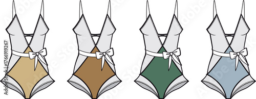 A collection of women's one-piece wrap swimsuits with a tie bow, shown in four different colorways. Fashion technical flat sketch template