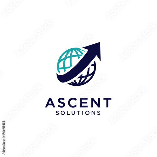 Ascent Solutions logo featuring a stylized globe with an upwardpointing arrow symbolizing growth and global reach.