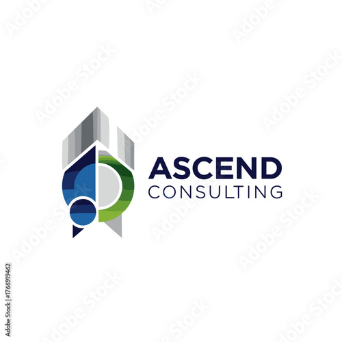 Ascend Consulting logo featuring abstract building and circular design elements.