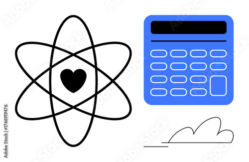 Atom with heart symbolizing love in science, calculator alluding to technology and problem-solving, cloud representing ideas or innovation. Ideal for education, technology, science, love, innovation