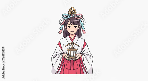Illustration of a young woman wearing traditional Korean clothing and holding a lantern with a colorful headdress on a plain white background.