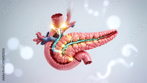 Detailed 3d rendering of human pancreas anatomy and ductal system
