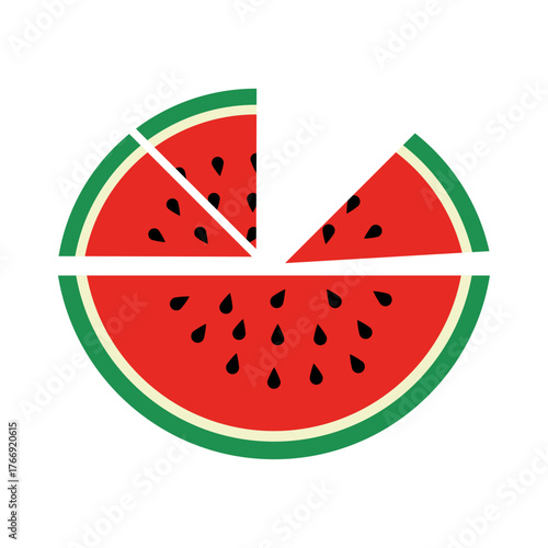 Stylized illustration of a sliced watermelon with a bite taken out isolated on transparent background