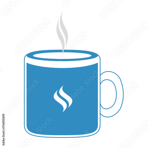 Blue ceramic mug with steaming hot beverage and a stylized flame icon isolated on transparent background