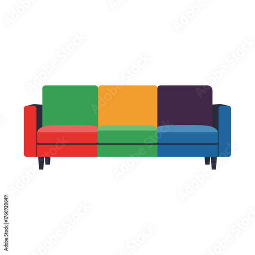 Modern colorful three seater sofa with distinct color blocks isolated on transparent background