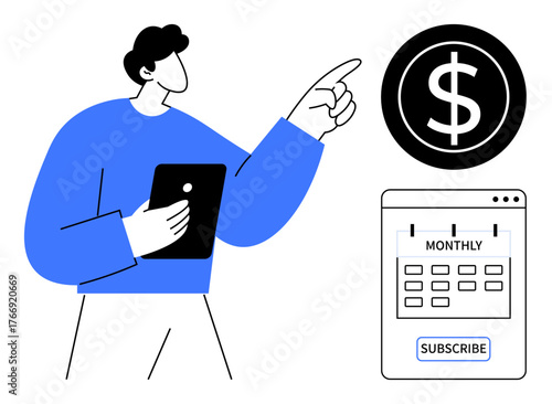 Person holding tablet pointing at dollar icon near monthly subscription calendar. Ideal for payment plans, budgeting, recurring fees, financial planning, SaaS services, subscription models, simple