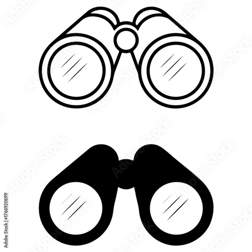 Two binocular icons one outline one solid showing exploration and vision isolated on transparent background