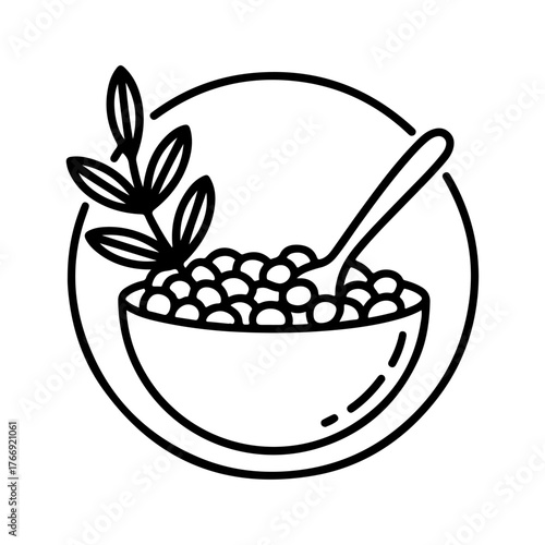 Wholesome cereal bowl with spoon and leafy branch simple icon design isolated on transparent background