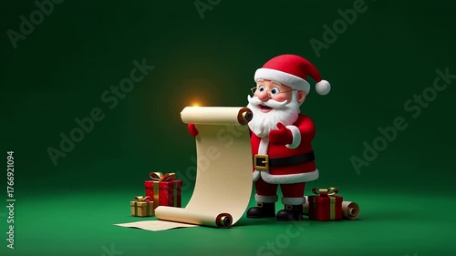 Animated santa claus reading a glowing scroll list with christmas gifts on green background