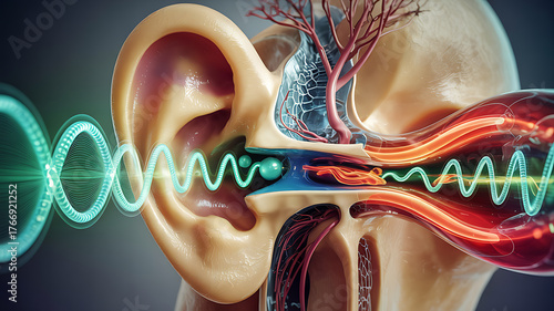 Detailed diagram of human ear anatomy showing sound waves traveling through auditory canal
