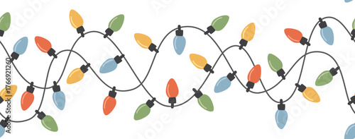 Horizontal pattern with colorful lights. Seamless Christmas border with festive garland. 