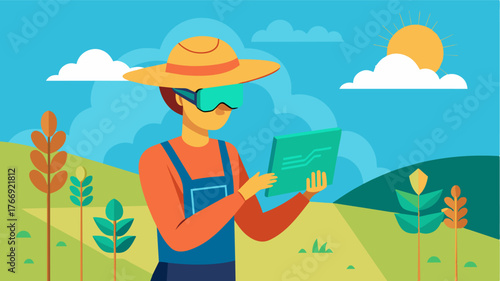 A farmer using a virtual reality headset to explore a 3D model of their fields allowing them to visualize and plan for crop yield potential.. Vector illustration
