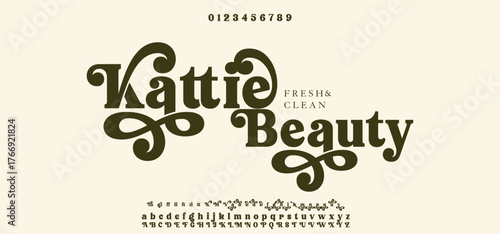 Kattie Beauty font Set. Lowercase and Uppercase included. Signs and numerals. Elegant logo and fashion alphabet. 