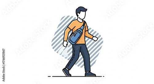 A cartoon man walking with a blue bag over his shoulder against a striped background with a minimalist style and casual mood.