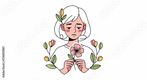 Illustration of a woman with white hair holding a pink flower surrounded by floral branches on a white background.
