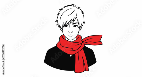 Illustration of a young man with short white hair wearing a red scarf and black shirt against a plain white background.