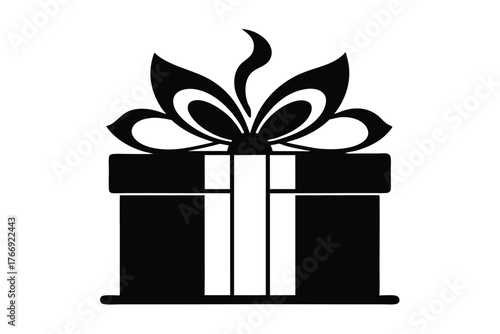 Monochrome gift box features a bold ribbon and extravagant bow for celebrations