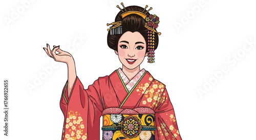 Illustration of a traditional Japanese geisha wearing a vibrant red kimono with intricate designs, gesturing with her hand against a plain white background.
