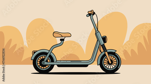 A scooter with a yellow handlebar that says scooter