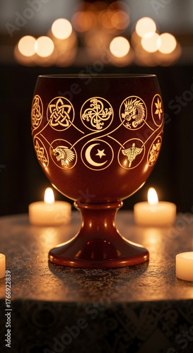 Decorative chalice with religious symbols surrounded by candles  