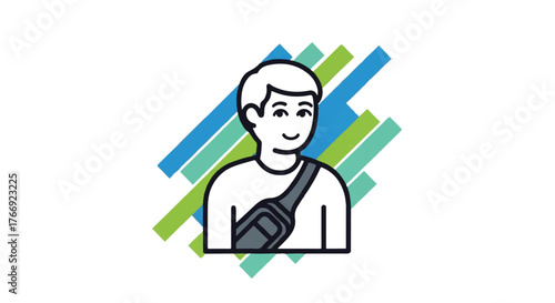 A smiling man wearing a seatbelt against a colorful background of blue, green, and white diagonal stripes.