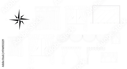 Curtains and window decor set line art design with compass rose
