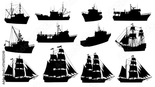 Ship Silhouettes Collection — Fishing Boats, Sailing Vessels, and Various Ships in Overhead View on White Background, Minimalist Vector Illustration