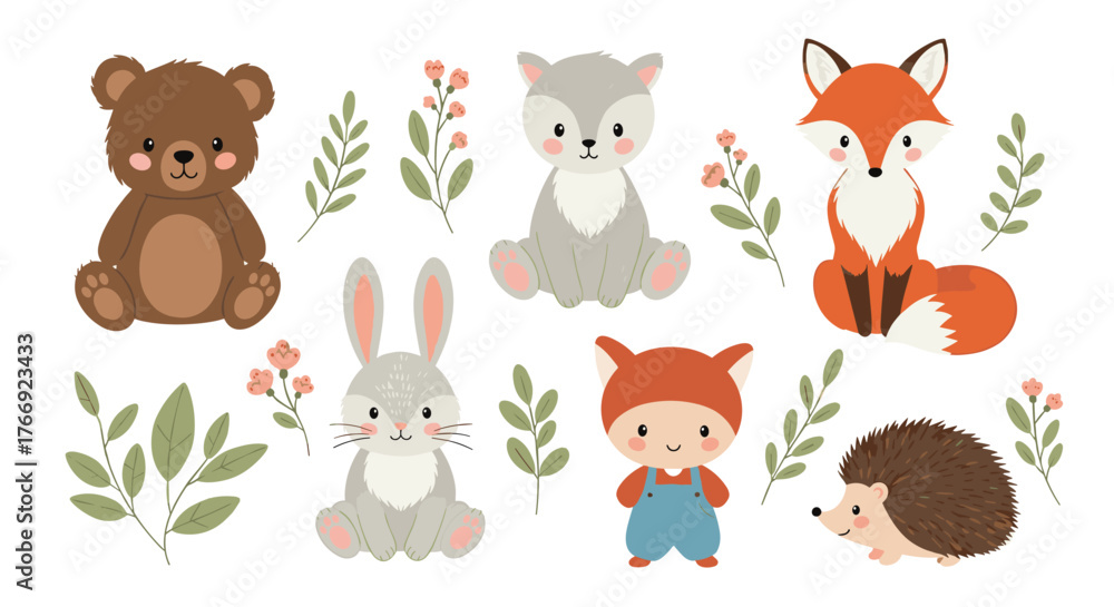 Obraz premium Cute woodland forest animals and child character with botanical elements, perfect for baby shower invitations or nursery decor.