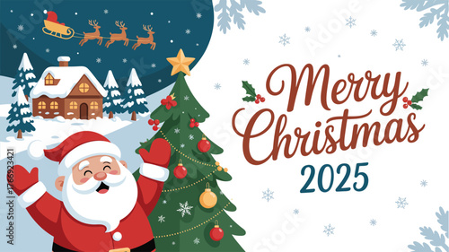  Festive "Merry Christmas 2025" illustration with Santa, decorated tree, snowy village, flying sleigh, and greeting—ideal for holiday cards