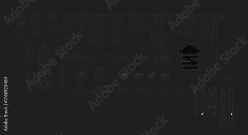 Stylized fashion wardrobe and clothing collection silhouette on black background with accessories