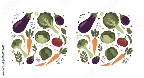 Fresh and healthy vegetables like eggplant, lettuce, cabbage, tomato, broccoli, and carrots are arranged in a vibrant, scattered pattern on a white background.