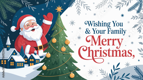 Festive Christmas illustration with waving Santa, snowy village, decorated tree, and greeting text—ideal for holiday cards and campaigns t