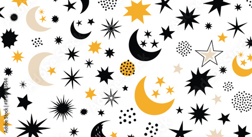 Whimsical seamless pattern with moons, stars, and abstract dotted elements in black, gold, and cream colors.