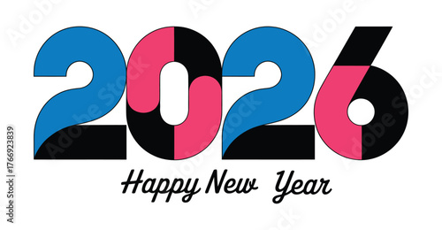  Modern "2026 Happy New Year" design with segmented colorful digits and elegant script—ideal for festive cards, banners, and campaigns