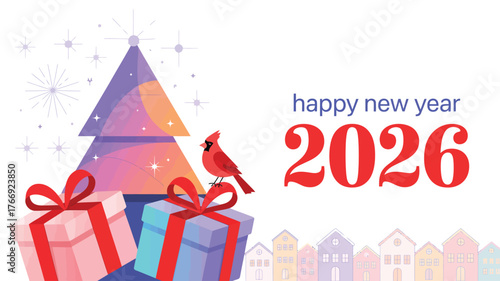  Colorful New Year 2026 greeting with stylized tree, gift boxes, cardinal bird, fireworks, and pastel houses—perfect for festive campaigns