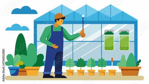 A farmer remotely adjusting the temperature and humidity levels in a greenhouse through the use of smart farm management software.. Vector illustration