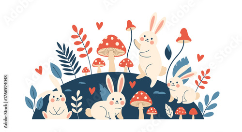 Whimsical illustration of adorable bunnies playing among red and white polka-dotted mushrooms and leafy plants on a dark blue hill.