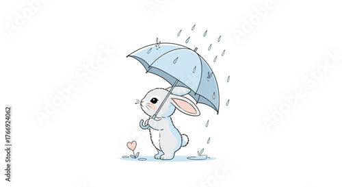 A sweet little white bunny stands under a light blue umbrella while gentle raindrops fall, with a small pink heart flower nearby.