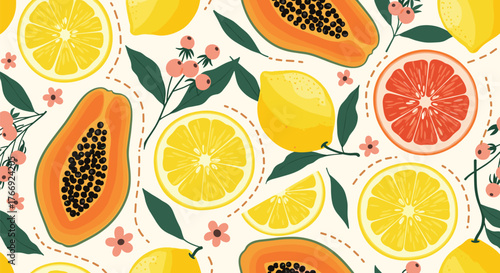 Vibrant seamless pattern of tropical and citrus fruits: sliced lemons, papayas, and grapefruits, with green leaves and pink berries on a light background.