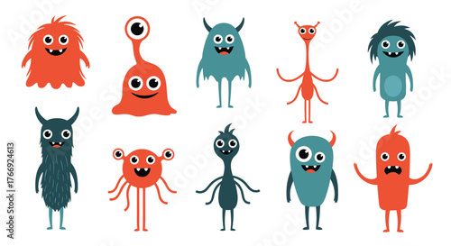 A vibrant set of adorable cartoon monster characters with unique designs and cheerful expressions, ideal for kids' projects.