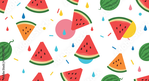 Colorful and fresh seamless pattern with juicy watermelon slices, whole watermelons, and whimsical raindrops, embodying a delightful summer vibe.