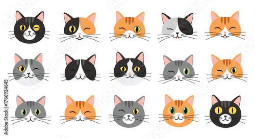 A vibrant compilation of adorable cartoon cat faces displaying a range of expressions and fur patterns, suitable for pet lovers.
