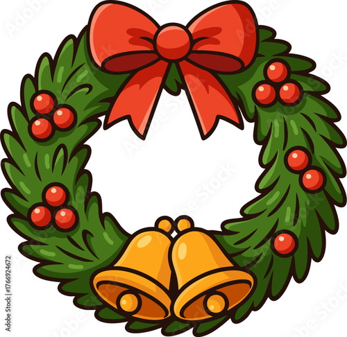 Kawaii-style Christmas wreath with a red bow and golden bells, perfect for festive holiday designs.