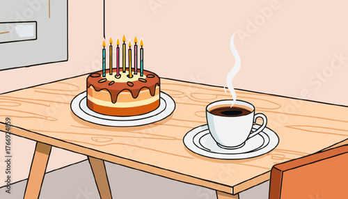 A cup of coffee and a birthday cake with candles on a wooden table